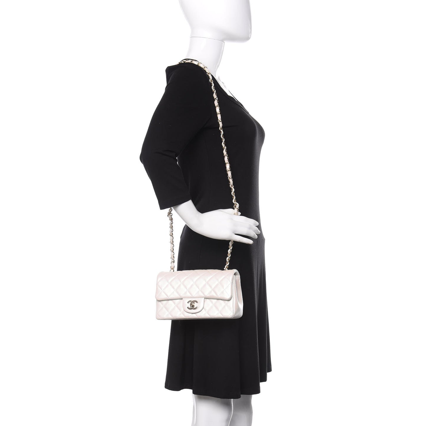 Iridescent Calfskin Quilted Mini Rectangular Flap White