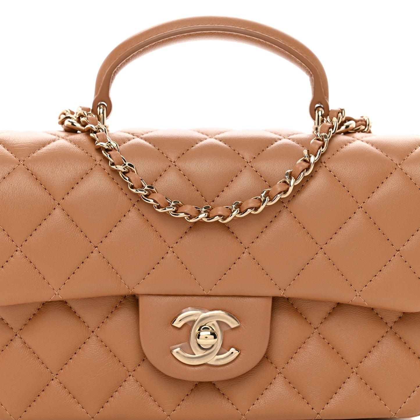 Lambskin Quilted Mini Top Handle Rectangular Flap Dark Beige