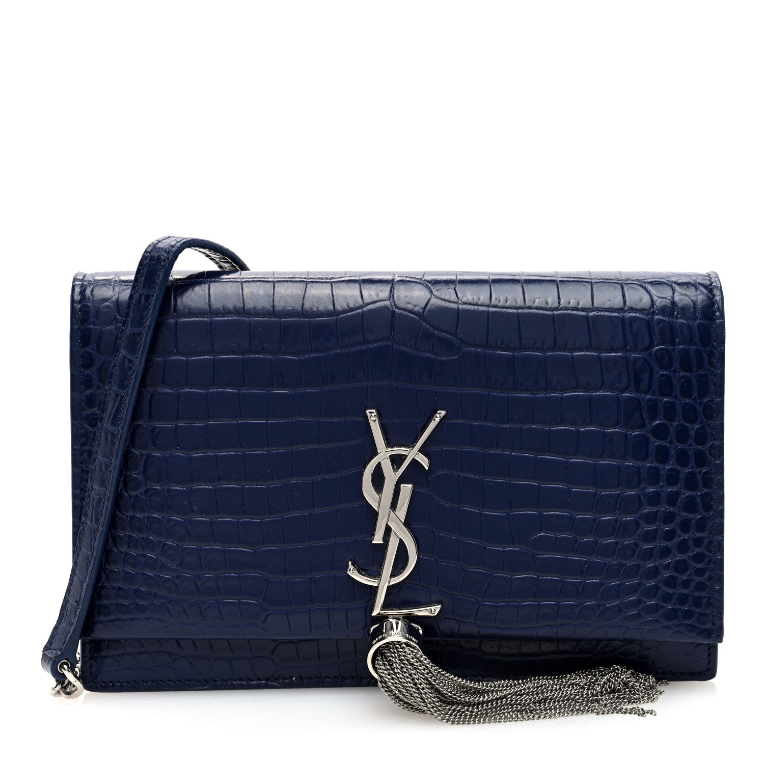 Saint Laurent Calfskin Crocodile Embossed Kate Monogram Tassel Chain Wallet Royal Blue 1 of 9