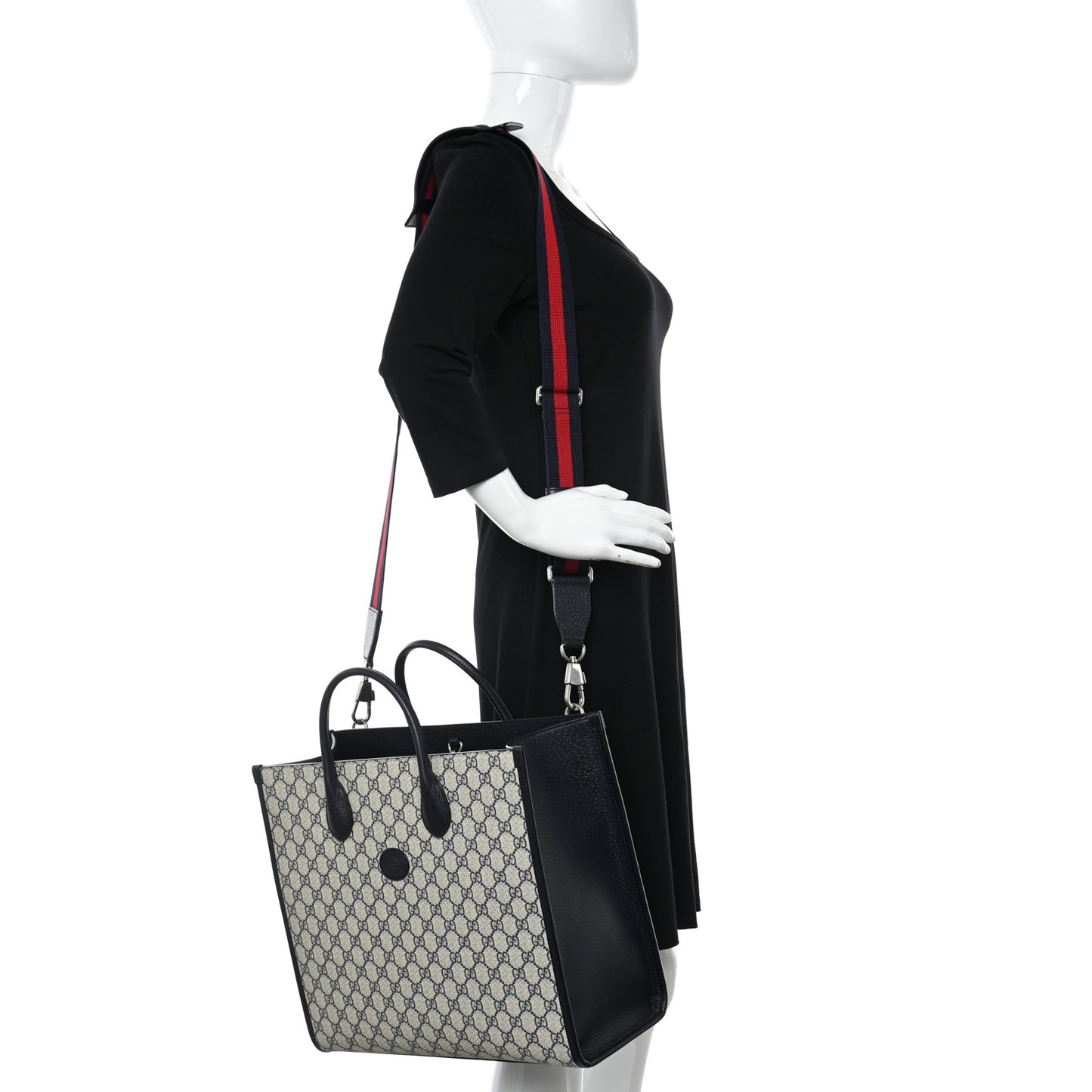 GG Supreme Monogram Textured Dollar Calfskin Web Medium Retro Interlocking G Tote Bag Beige Blue