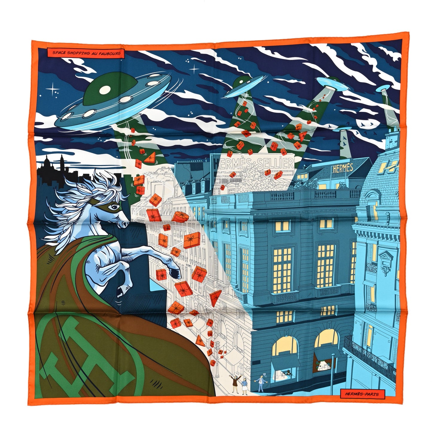 Silk Space Shopping Au Faubourg Scarf 90 Bleu Orange Vert