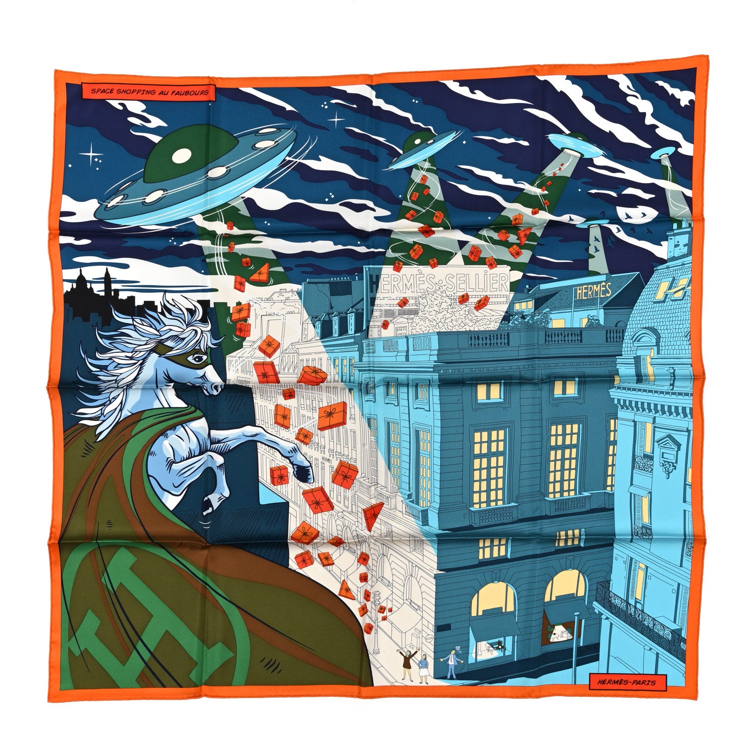 Hermes Silk Space Shopping Au Faubourg Scarf 90 Bleu Orange Vert 1 of 4