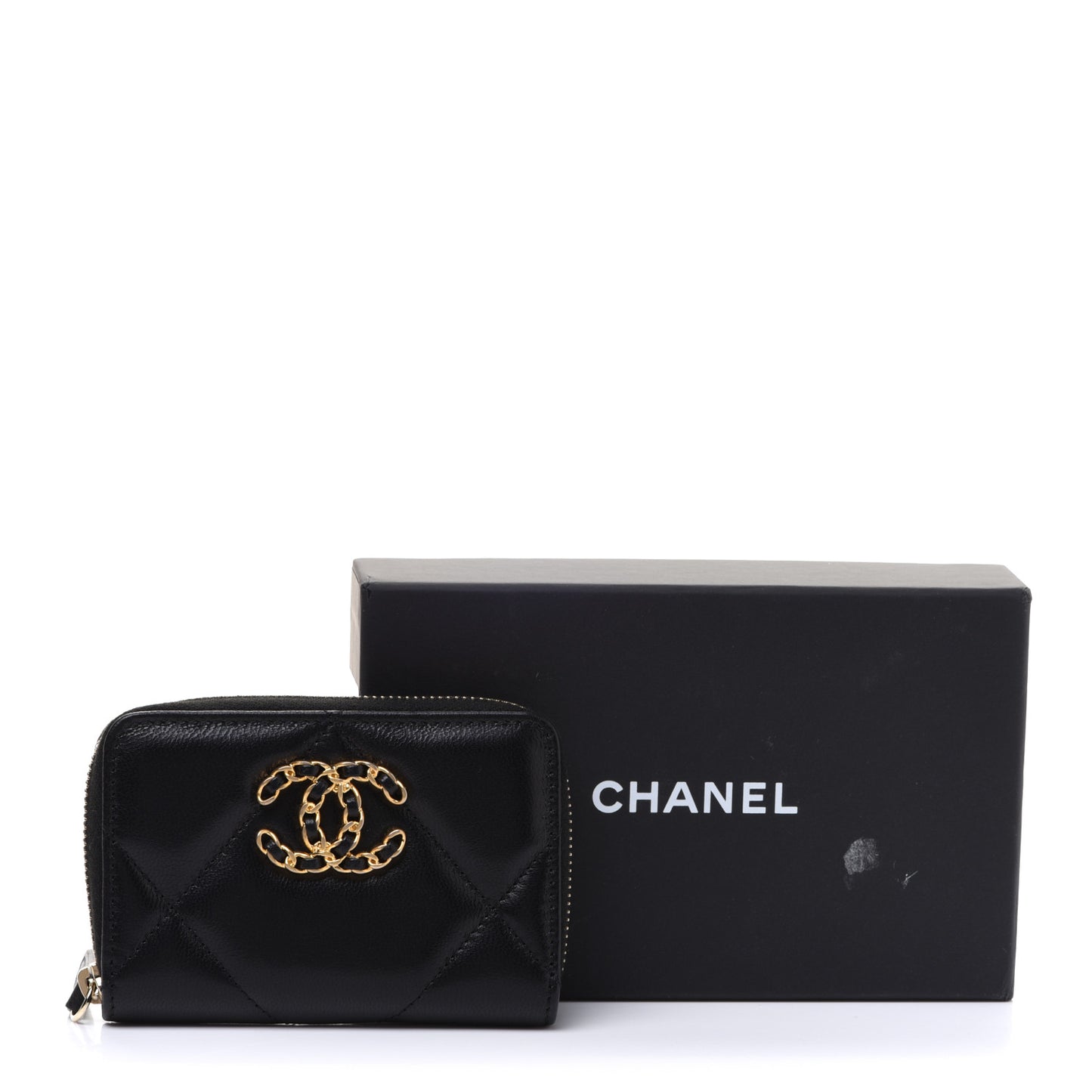 Goatskin Quilted Chanel 19 Zip Around Coin Purse Wallet Black