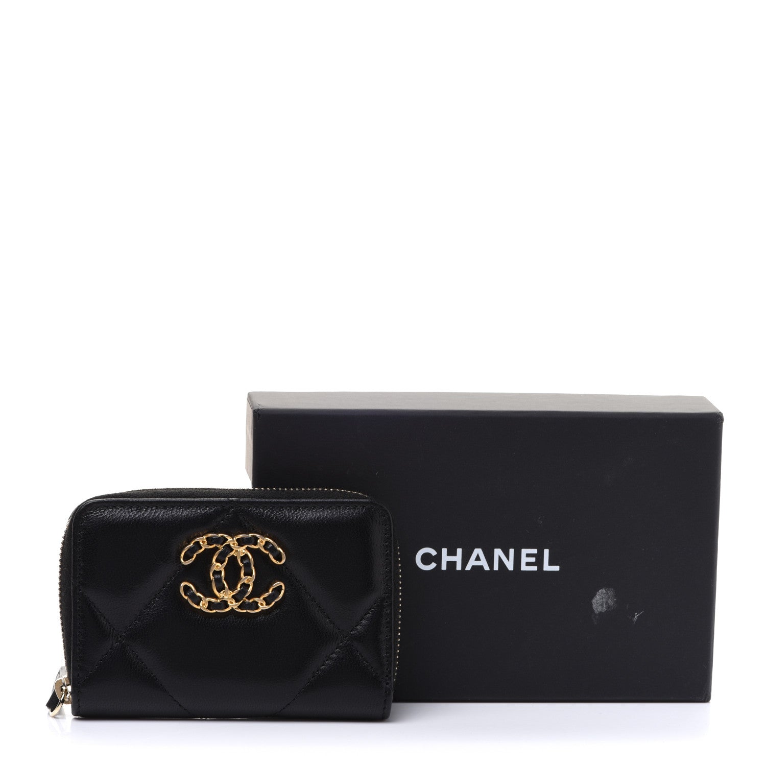 Chanel Goatskin Quilted Chanel 19 Zip Around Coin Purse Wallet Black 8 of 8