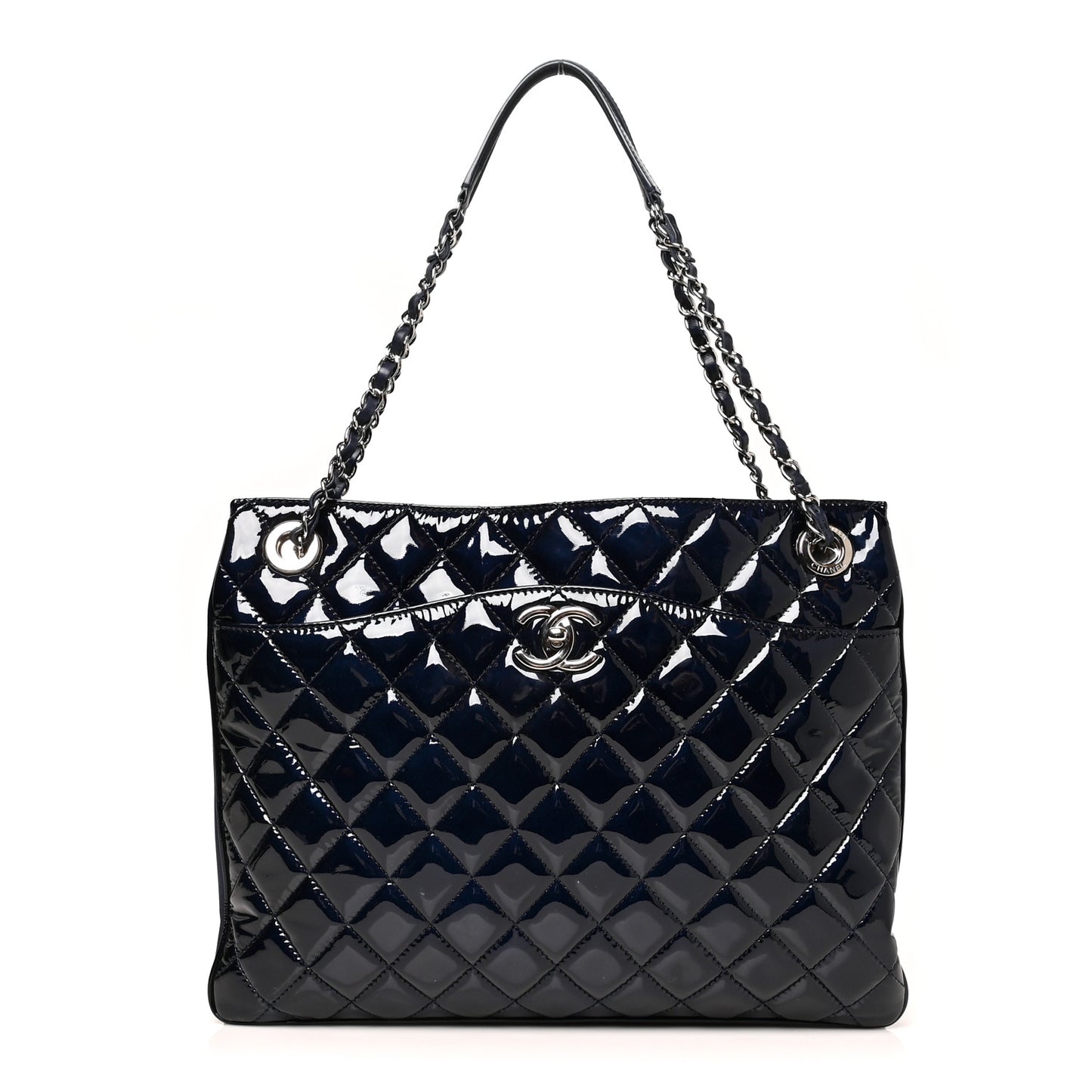 Patent Quilted Accordion Shopping Tote Navy