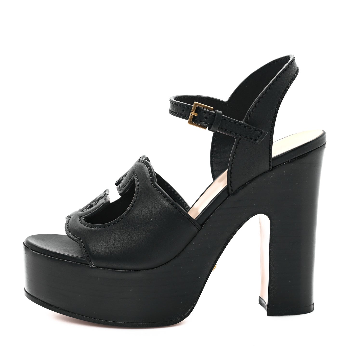 Cosmos Softy Calfskin Wooden Interlocking G Cut-Out 30/120mm Platform Sandals 35 Black