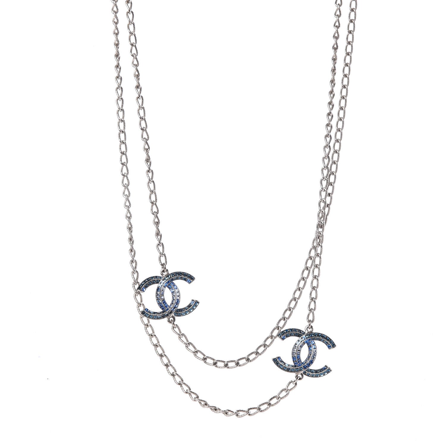 Chanel Crystal Baguette CC Double Strand Necklace Silver Blue 1 of 6