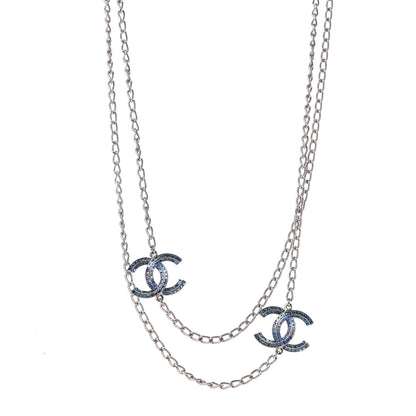 Chanel Crystal Baguette CC Double Strand Necklace Silver Blue 1 of 6