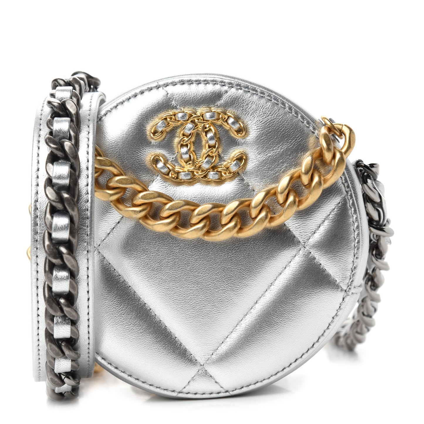 Metallic Lambskin Quilted Chanel 19 Round Clutch With Chain Silver