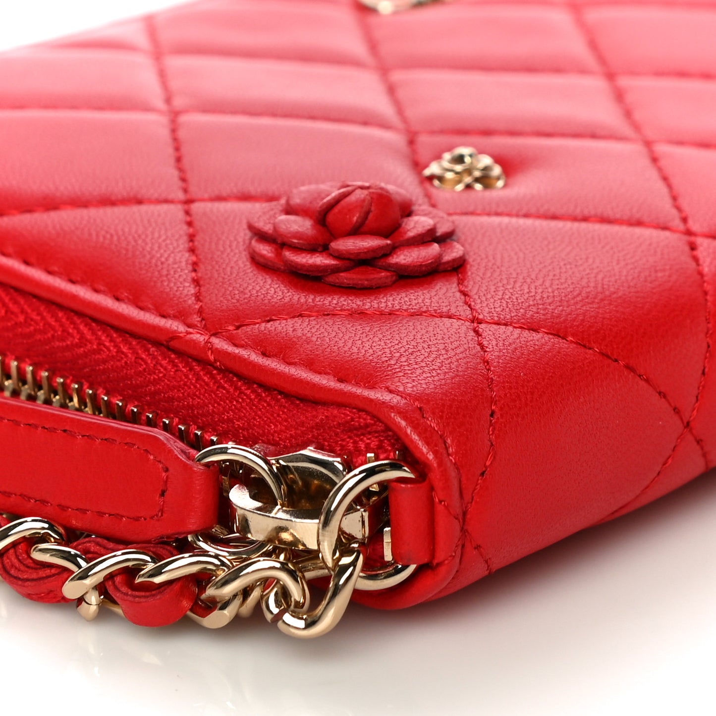 Lambskin Quilted Camellia Zip Around Wristlet Wallet Red