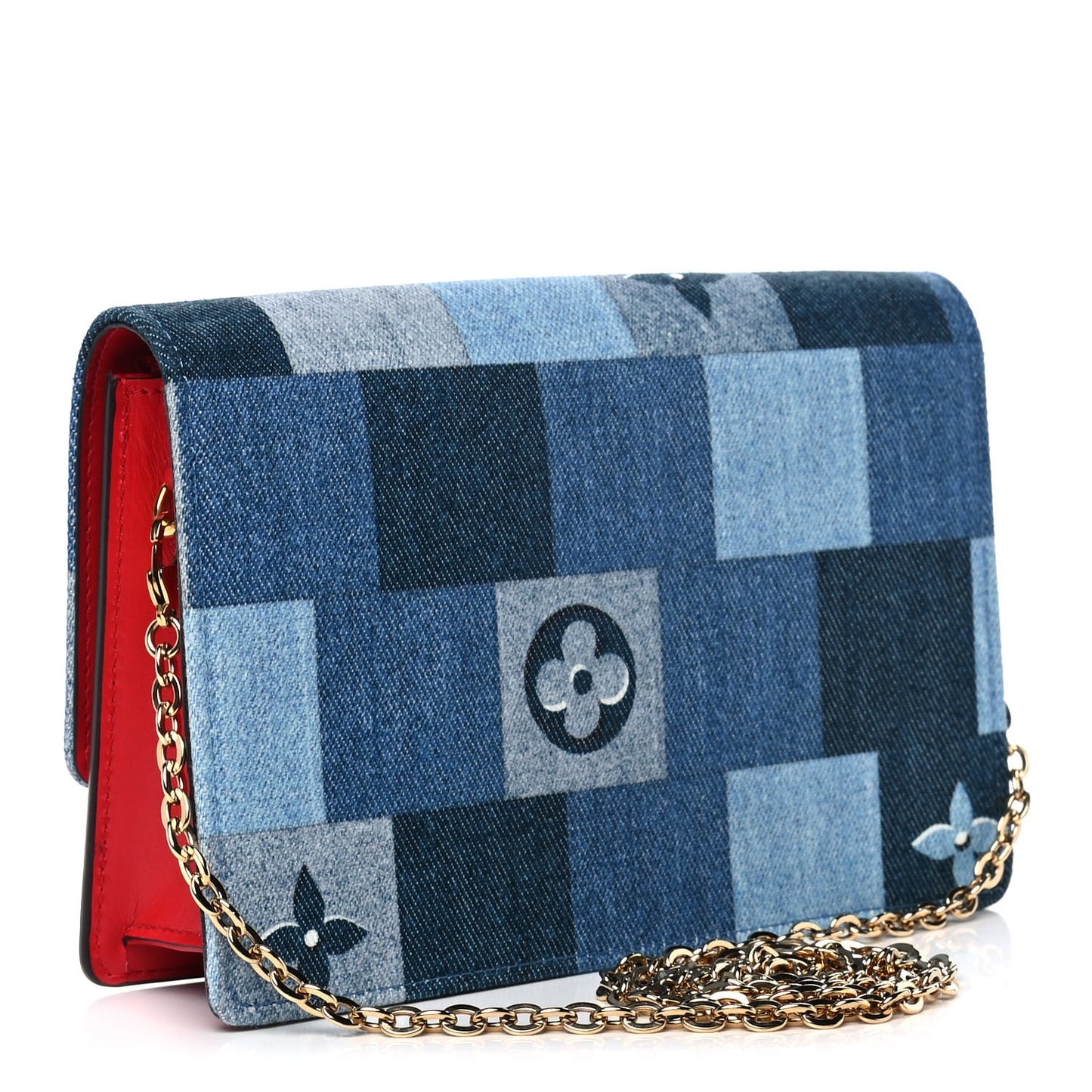 Denim Damier Monogram Patchwork Flore Chain Wallet Blue Rouge