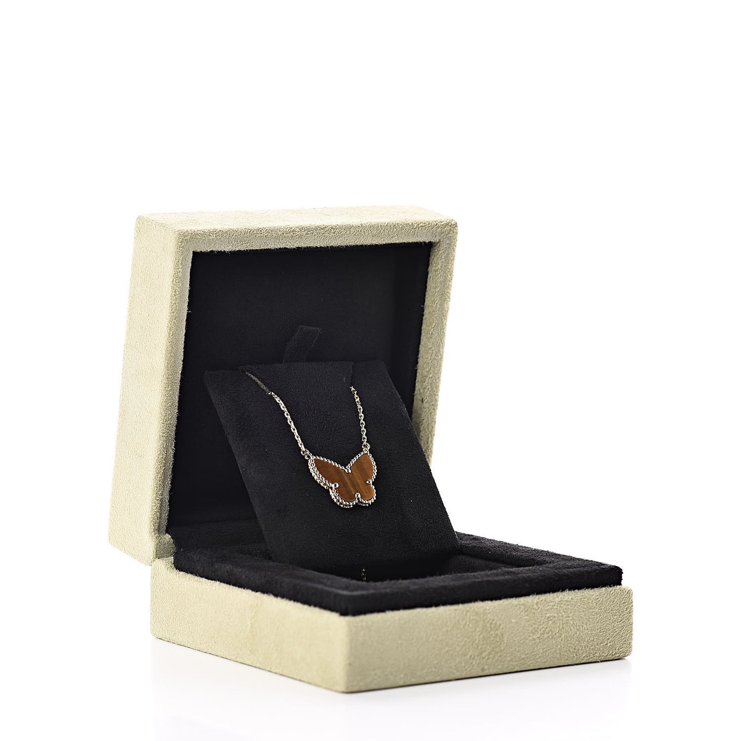 18K Yellow Gold Tiger Eye Lucky Alhambra Butterfly Pendant Necklace