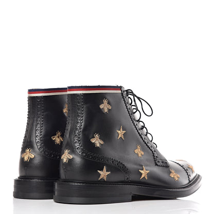 Gucci Calfskin Sylvie Web Bee Star Embroidered Mens Brogue Captoe Boots 7 Black 4 of 13