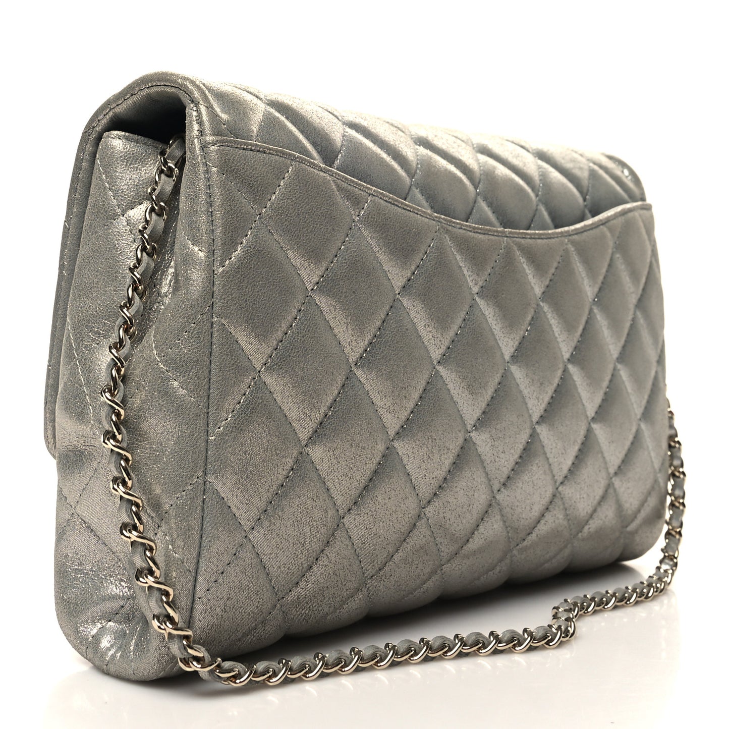 Iridescent Calfskin Quilted Clutch With Chain Flap Silver
