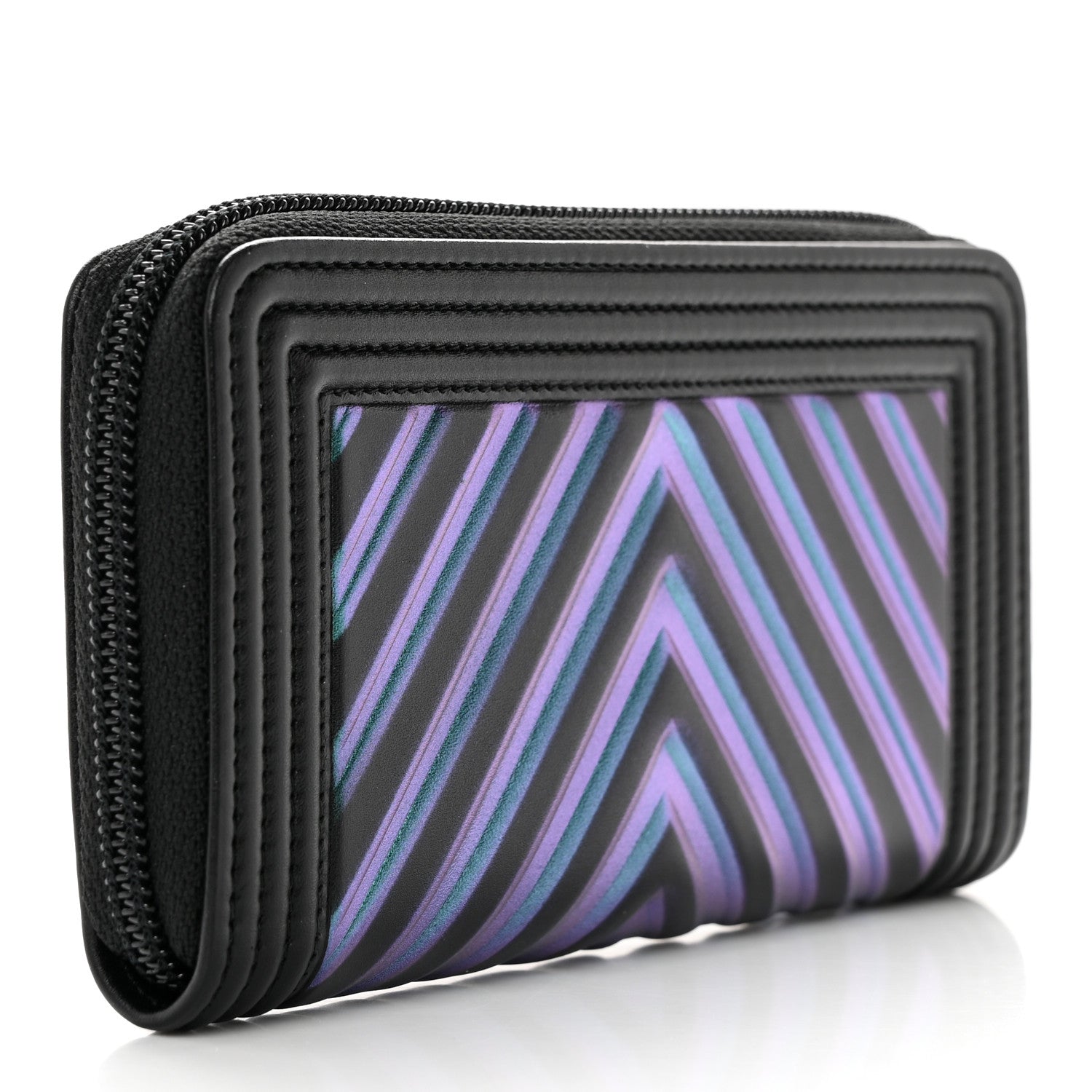 Chanel Calfskin Painted Chevron Embossed Small Boy Zip Wallet Black 3 of 13