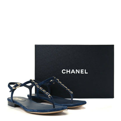 Chanel Suede Calfskin Thong Sandals 38 Navy Blue 11 of 11