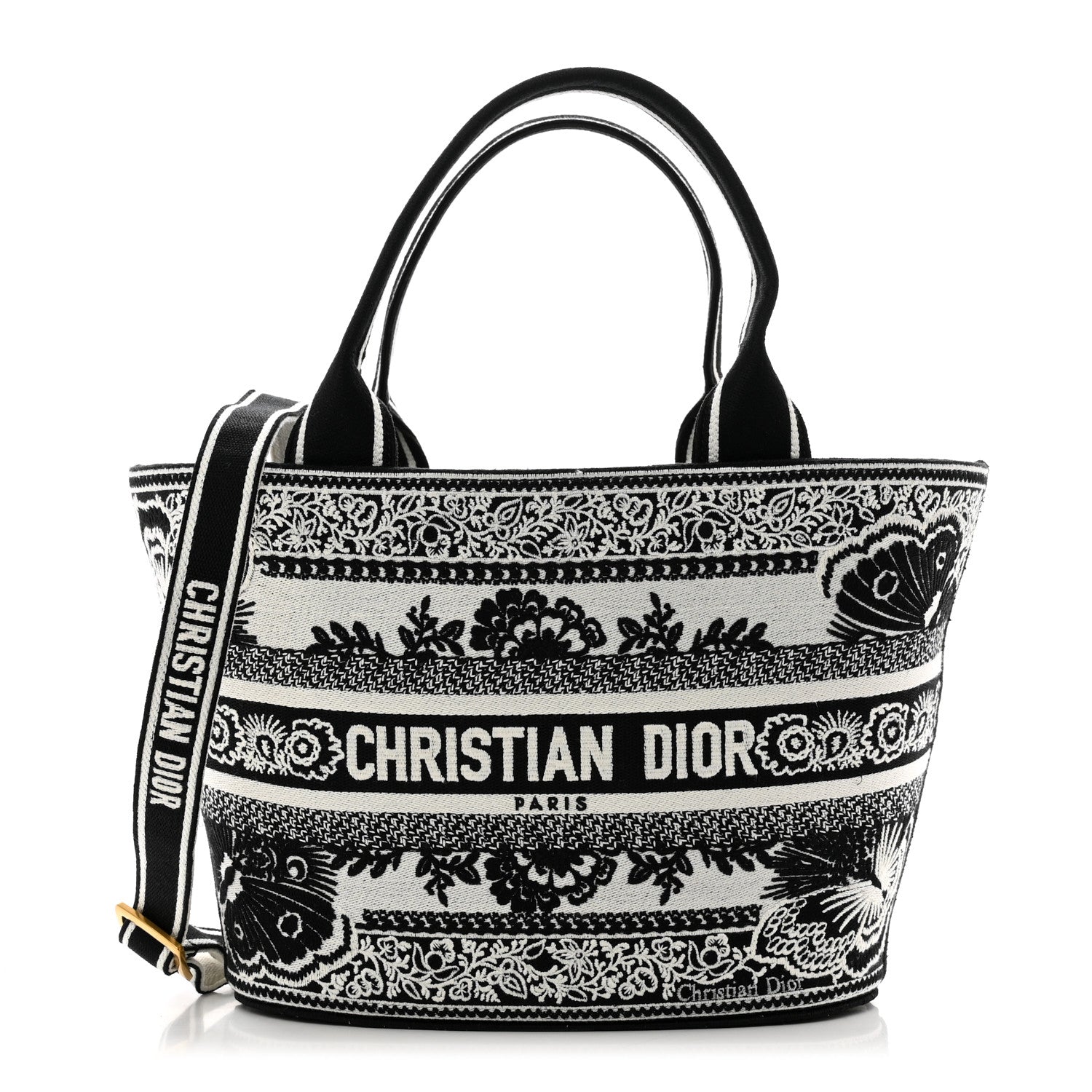 Christian Dior Canvas Embroidered Butterfly Bandana Print Hat Basket Bag Black White 1 of 9