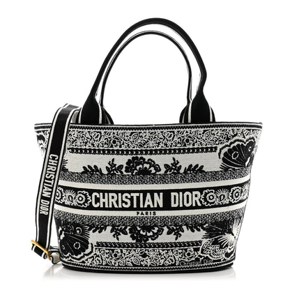 Christian Dior Canvas Embroidered Butterfly Bandana Print Hat Basket Bag Black White 1 of 9