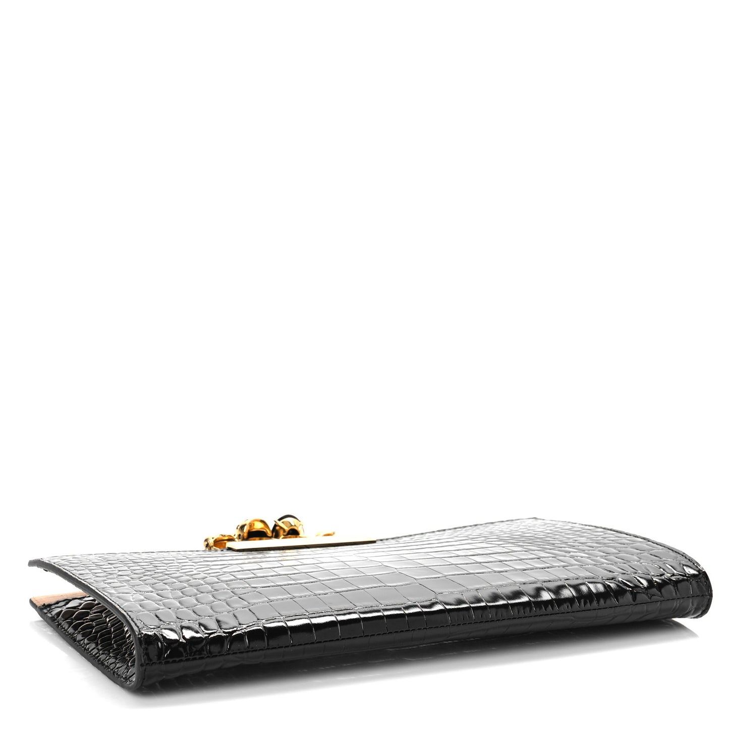 Calfskin Crocodile Embossed Knuckle Flat Clutch Black Gold
