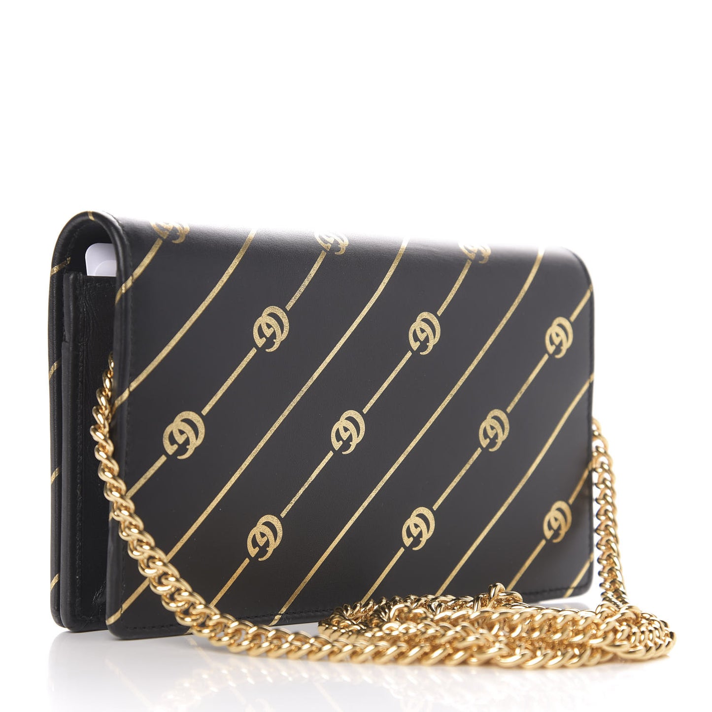Calfskin Diagonal GG Mini Chain Wallet Black Gold