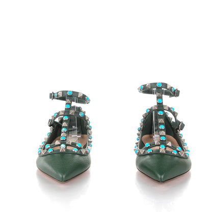 Valentino Garavani Pebbled Calfskin Rockstud Rolling Cage Ballerina Flats 36.5 Dark Green 2 of 7
