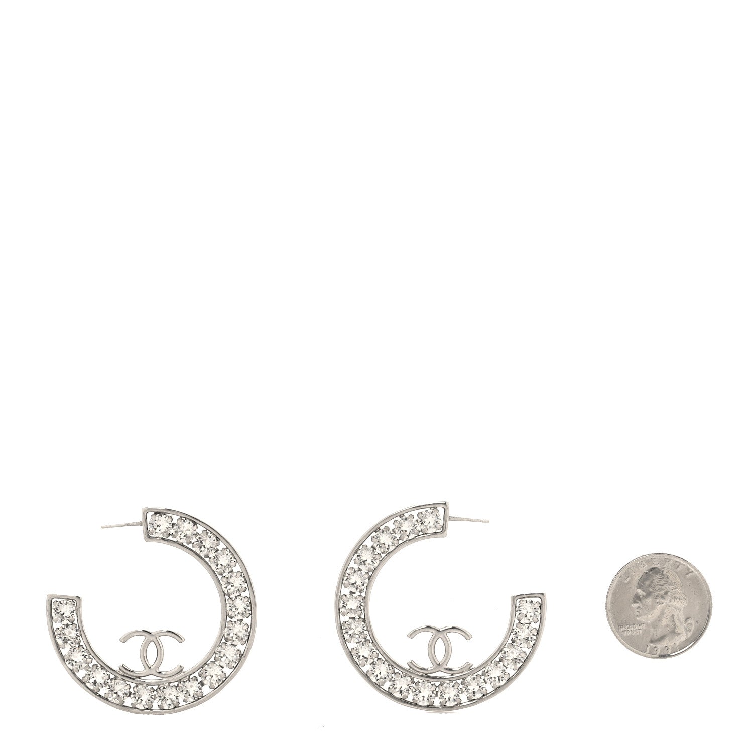 Chanel Crystal CC Hoop Earrings Silver 3 of 8