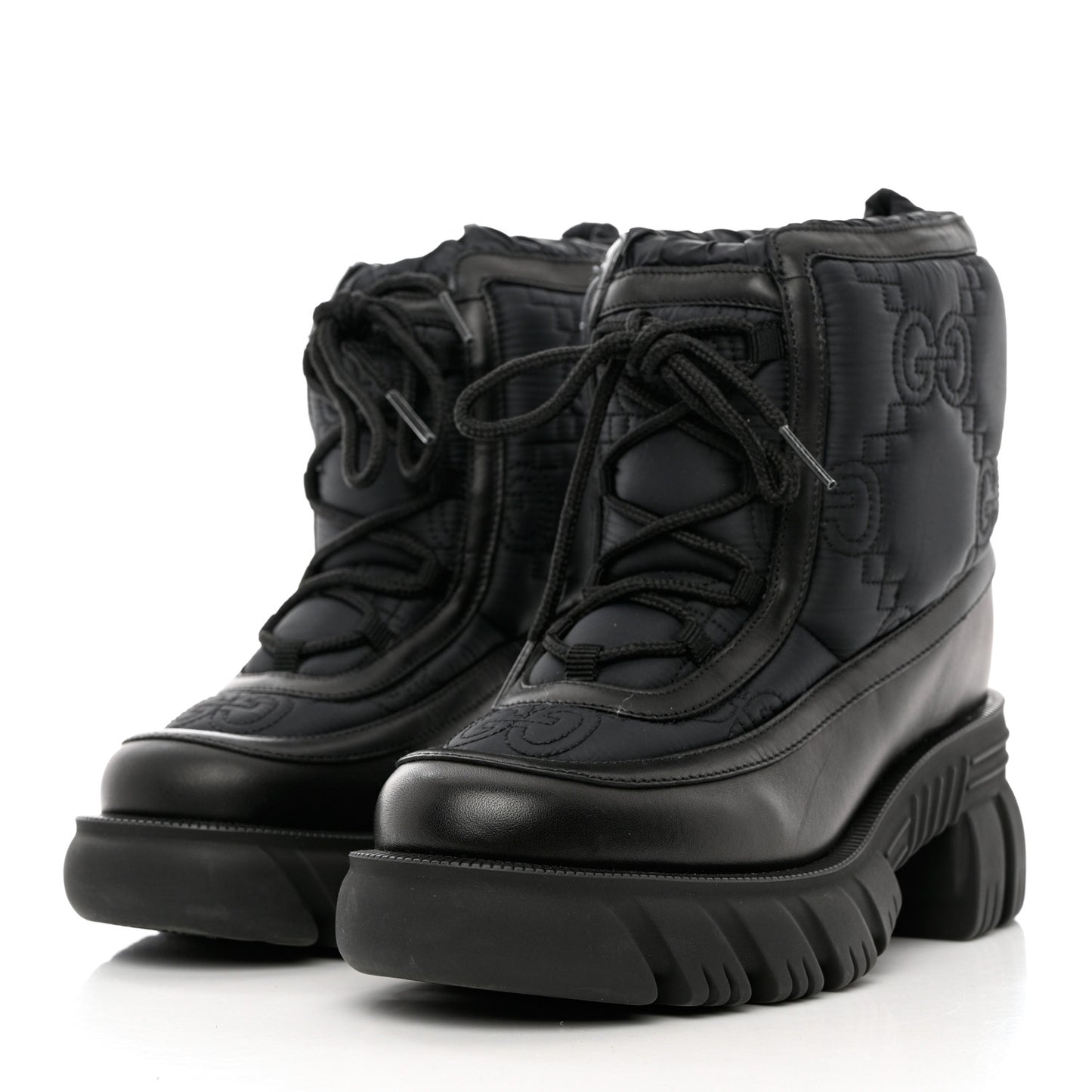 Nylon Calfskin GG Matelasse Lace Up Platform Ankle Boots 36 Black