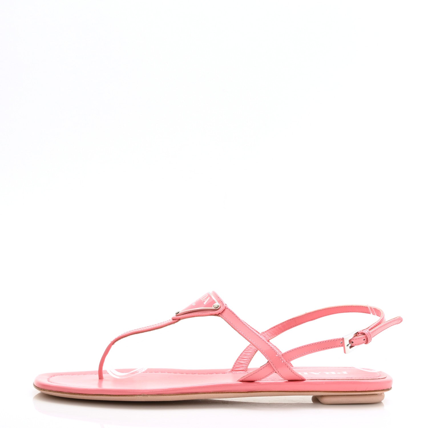 Prada Vernice Metal Triangle Logo Slingback Flat Thong Sandals 38.5 Petalo 1 of 7