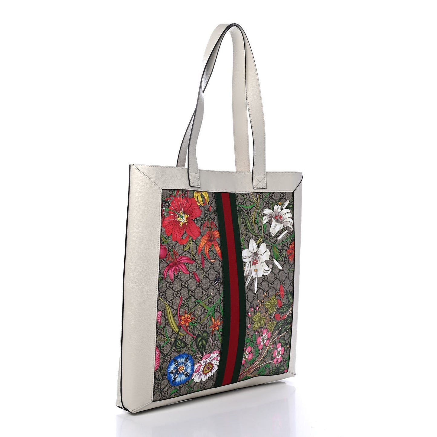 GG Supreme Monogram Flora Web Ophidia Vertical Shopping Tote White