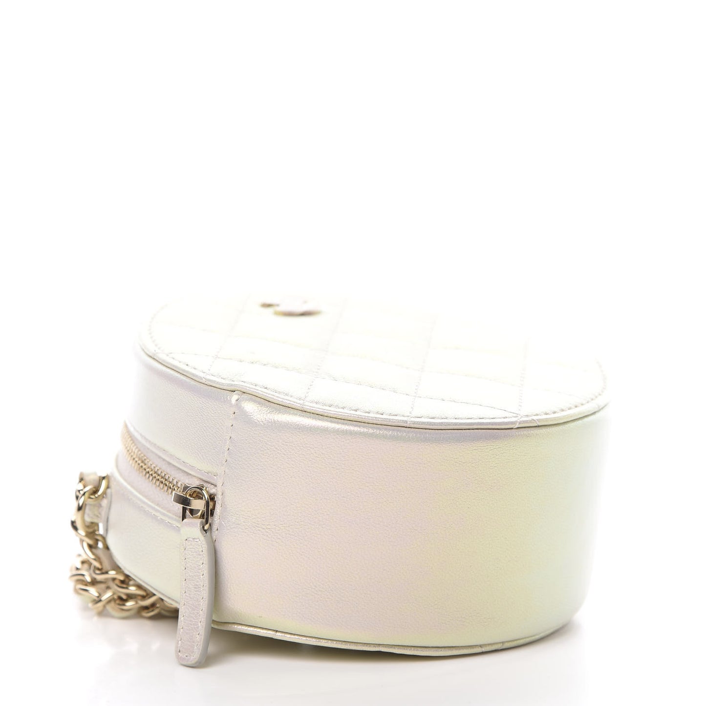 Iridescent Lambskin Quilted Round Clutch With Chain Ivory