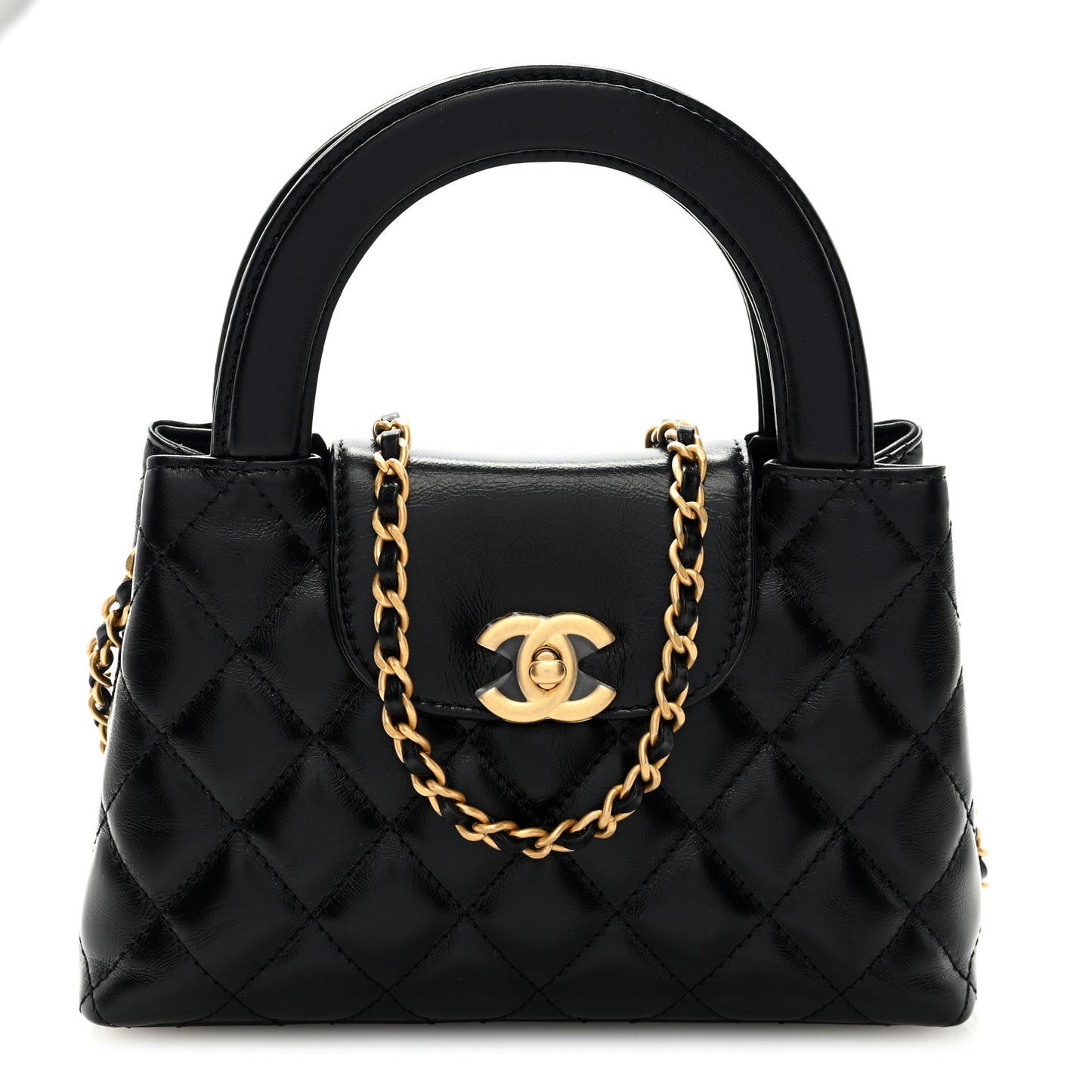 Shiny Aged Calfskin Quilted Nano Kelly Shopper Black