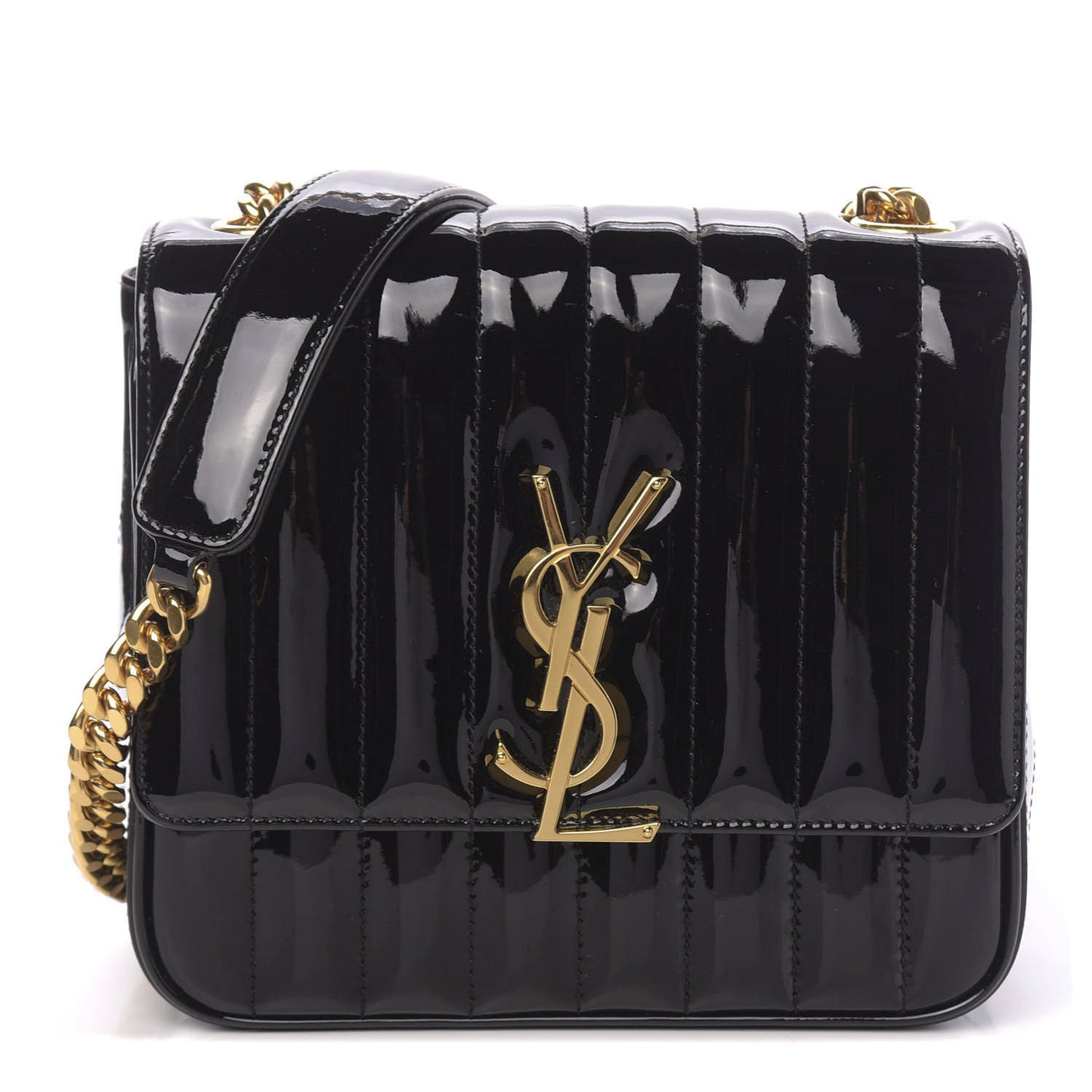 Patent Calfskin Matelasse Monogram Medium Vicky Chain Bag Black
