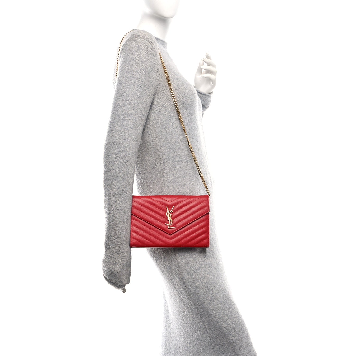 Saint Laurent Grain De Poudre Matelasse Chevron Monogram Chain Wallet Red 2 of 10