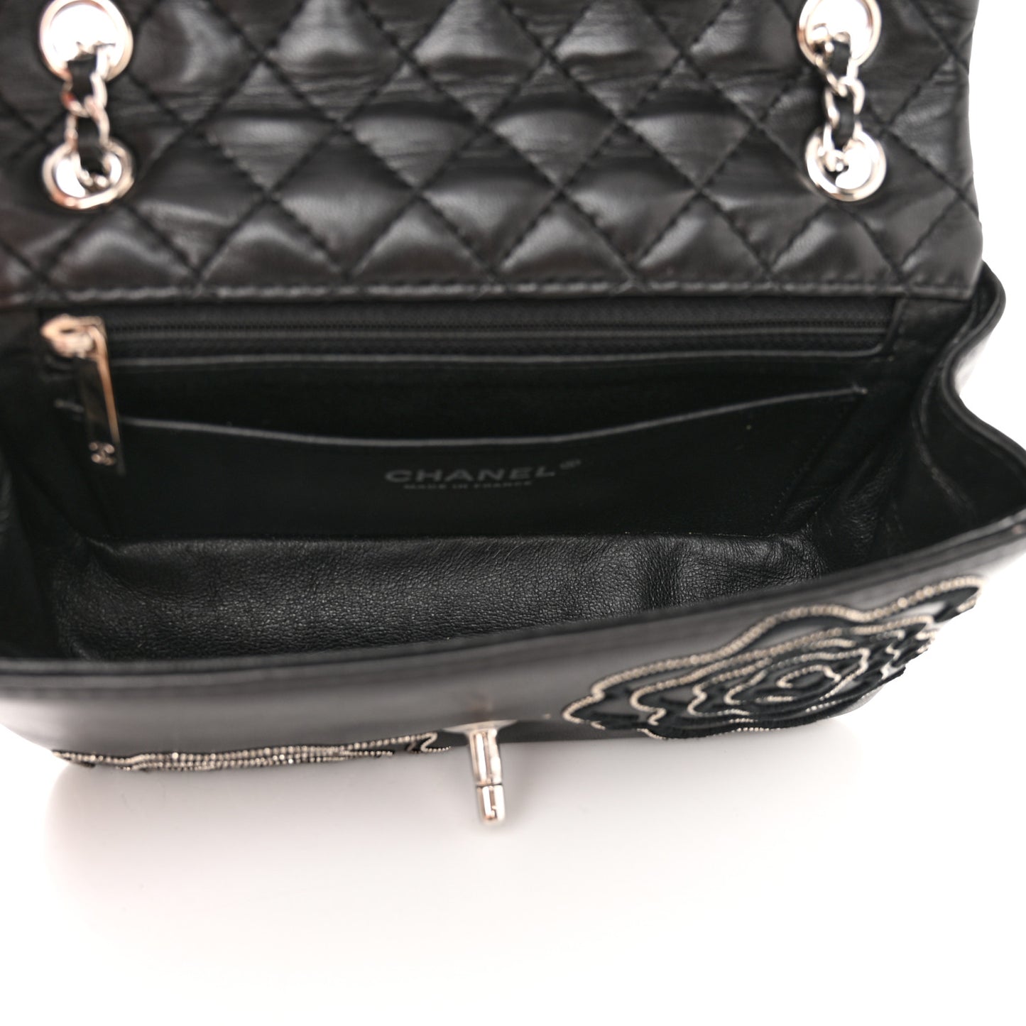 Lambskin Embroidered Camellia Follies Flap Black