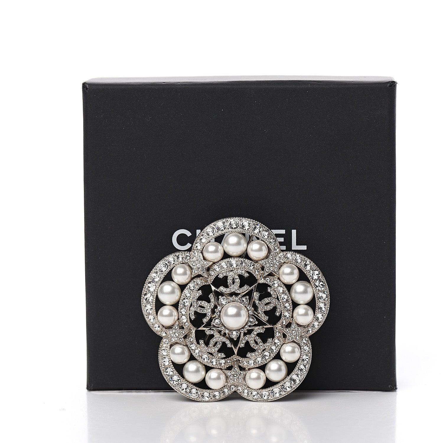 Chanel Crystal Pearl Flower CC Brooch Silver 4 of 4