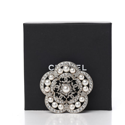 Chanel Crystal Pearl Flower CC Brooch Silver 4 of 4