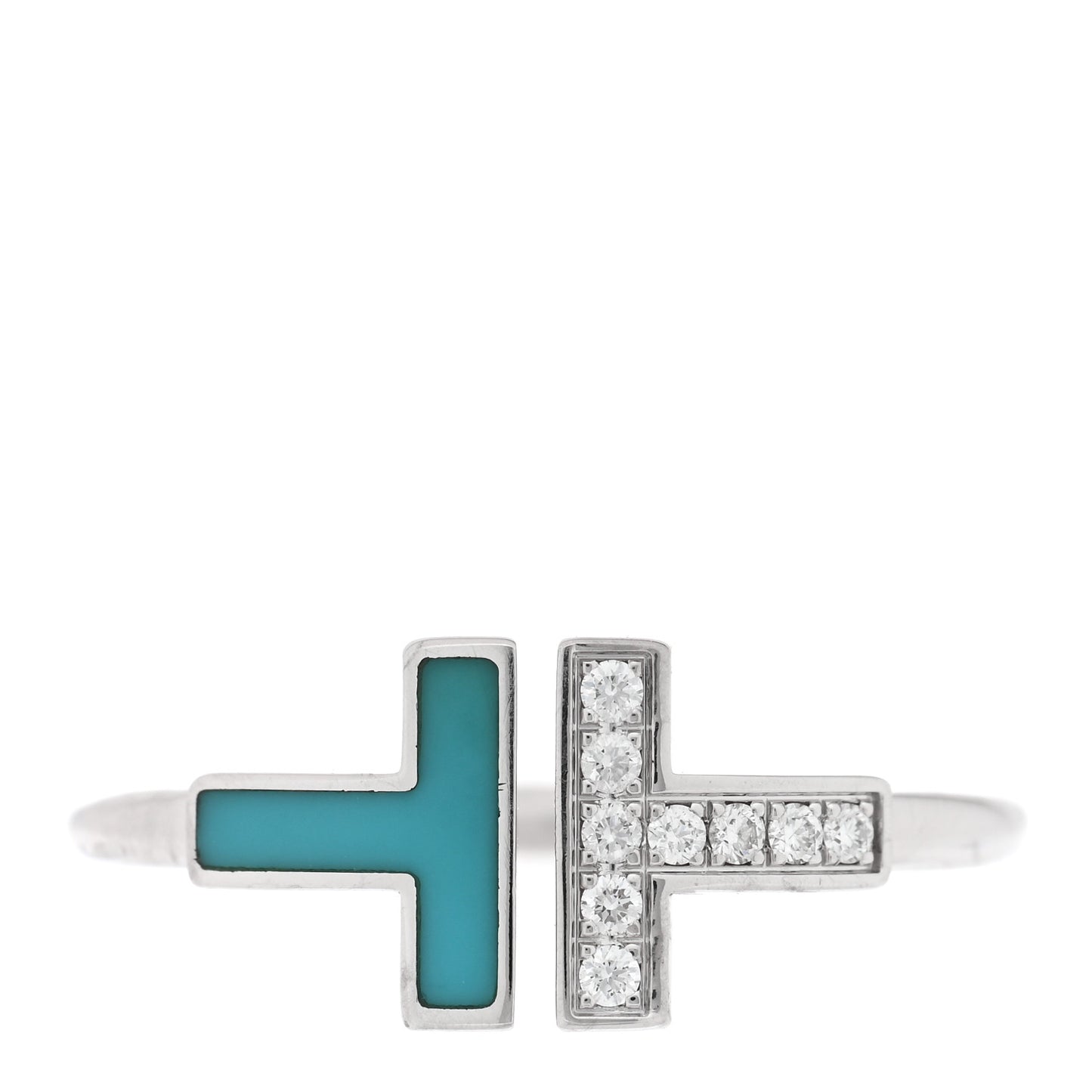 18K White Gold Diamond Turquoise T Wire Ring 56 7.75