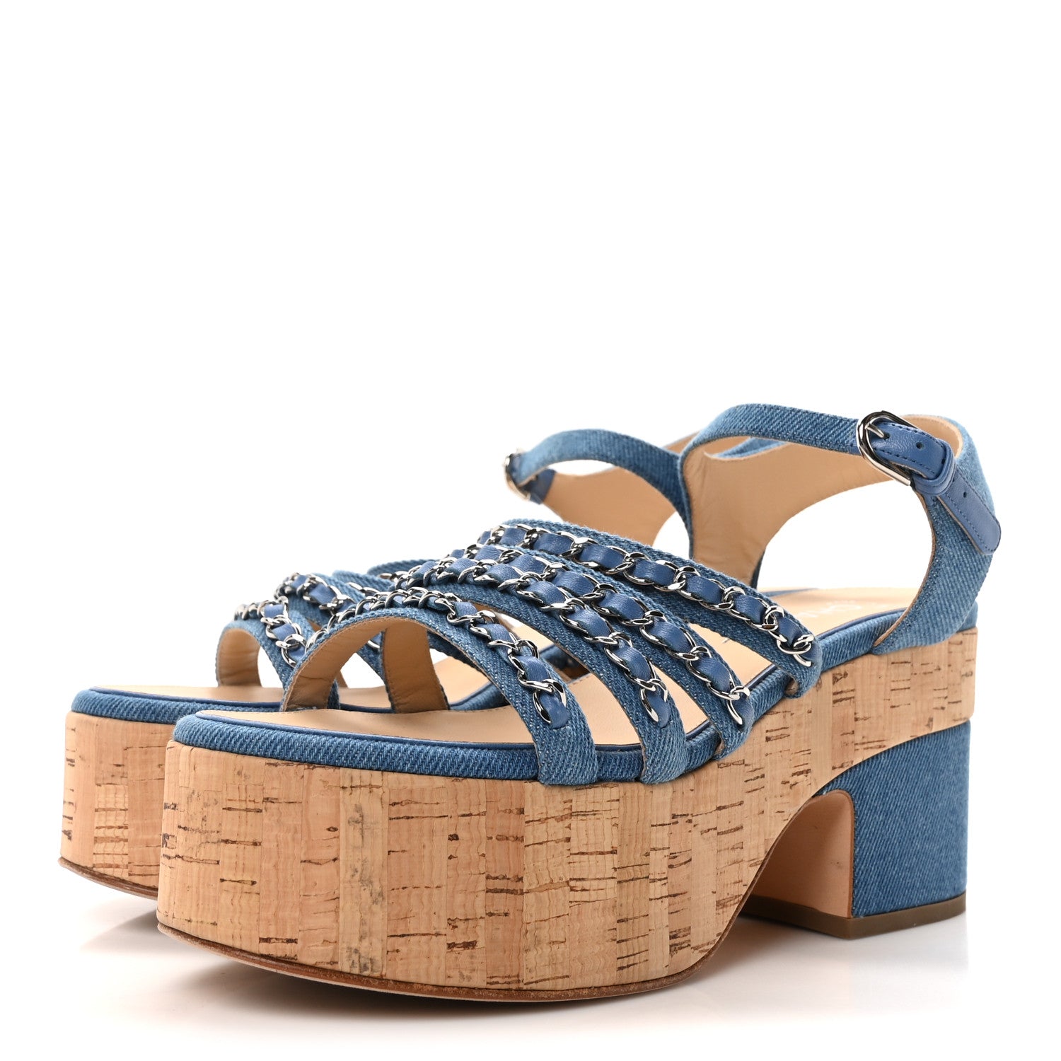 Chanel Denim Cork Chain Wedge Sandals 39 Blue 4 of 8