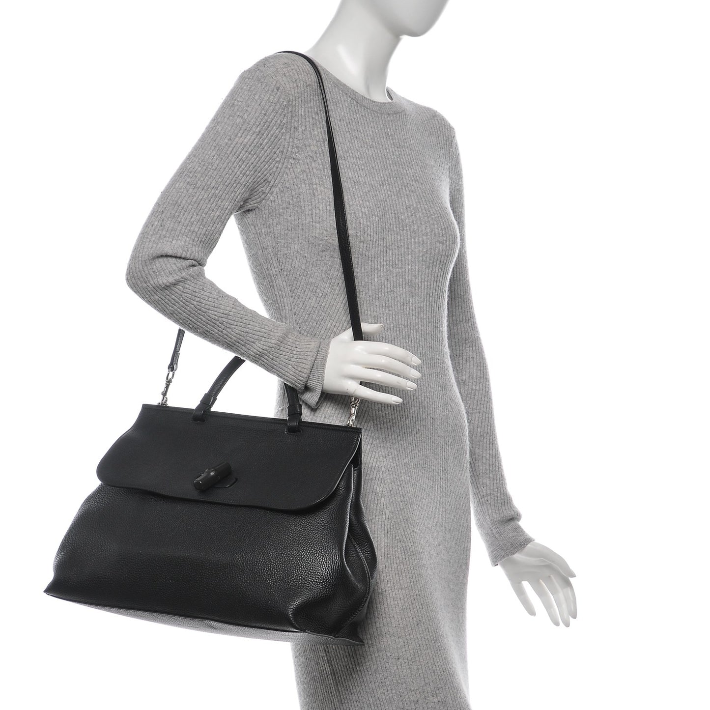 Pebbled Calfskin Large Bamboo Daily Top Handle Bag Black