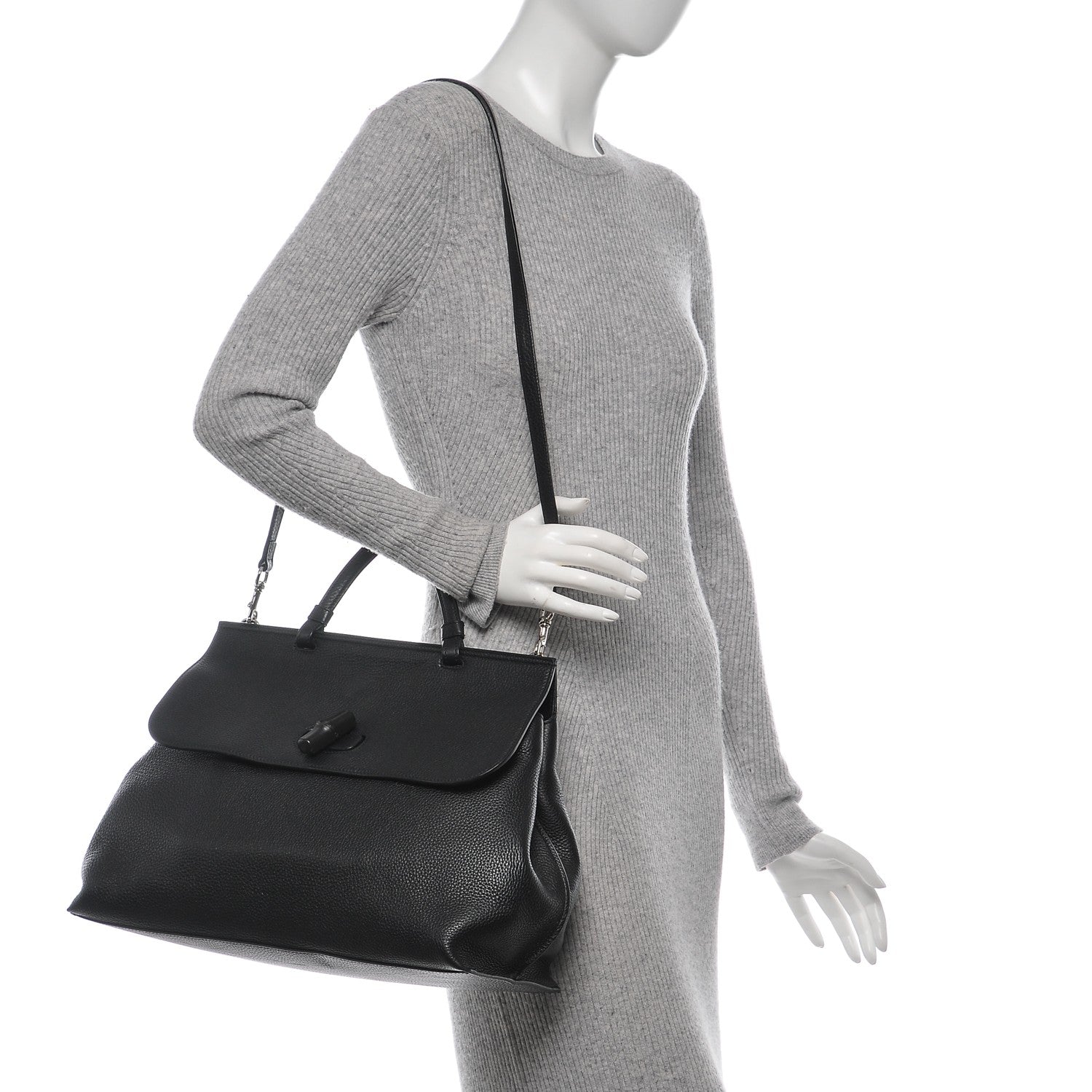 Gucci Pebbled Calfskin Large Bamboo Daily Top Handle Bag Black 2 of 6