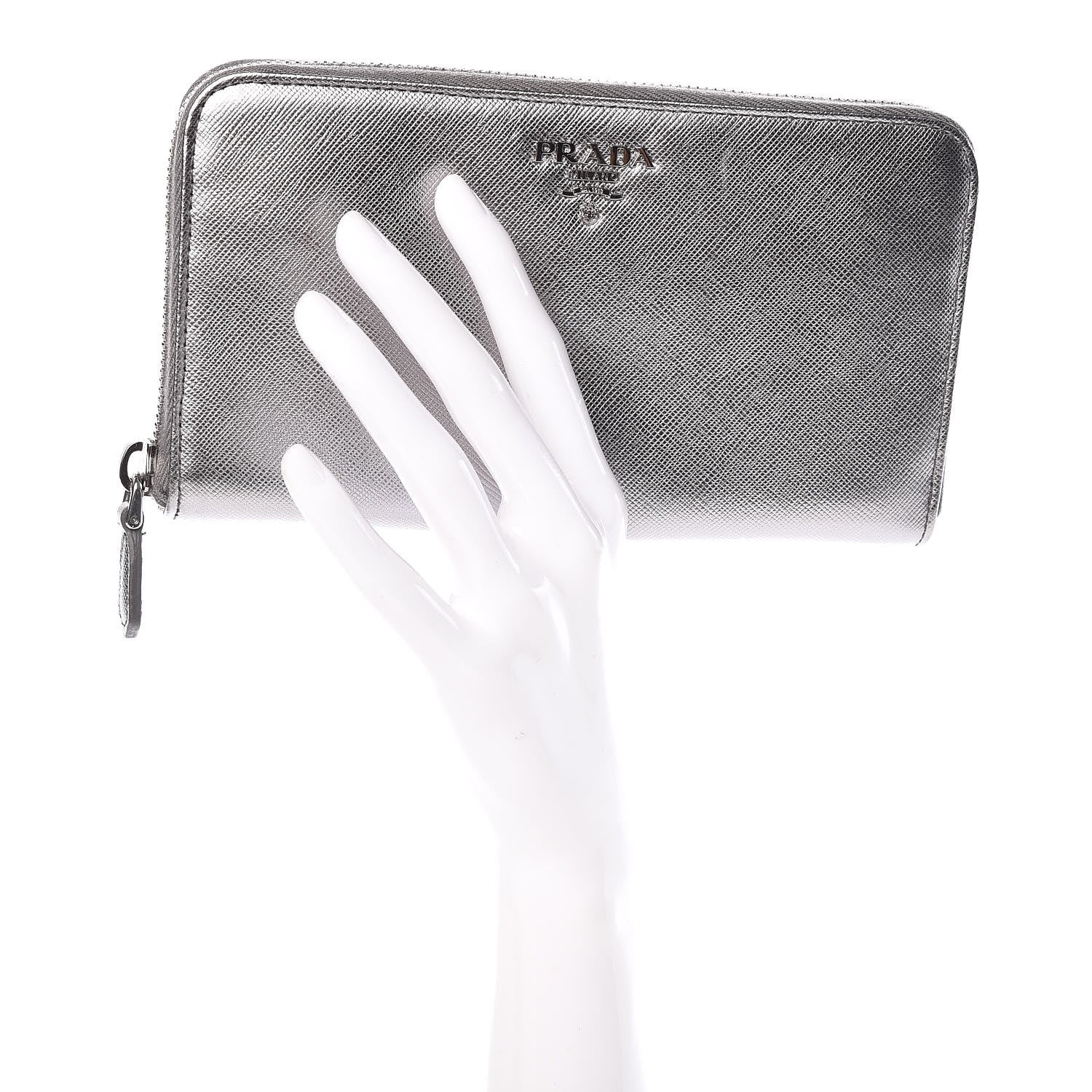 Prada Saffiano Metal Zip Around Wallet Argento 2 of 8