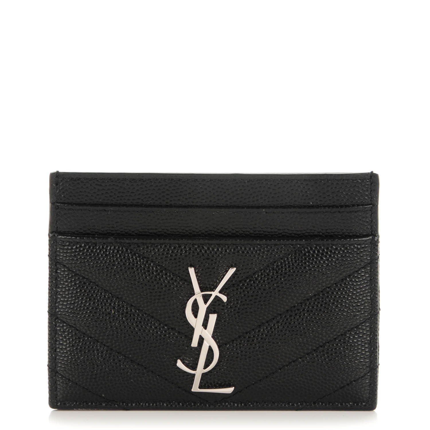 Saint Laurent Grain De Poudre Matelasse Chevron Monogram Credit Card Case Black 1 of 7