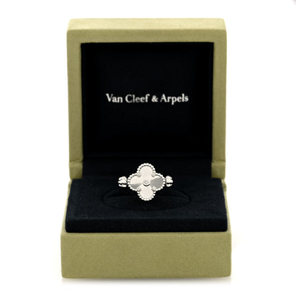 Van Cleef & Arpels 18K White Gold Diamond Chalcedony Reversible Guilloche Vintage Alhambra Ring 53 6.5 6 of 6