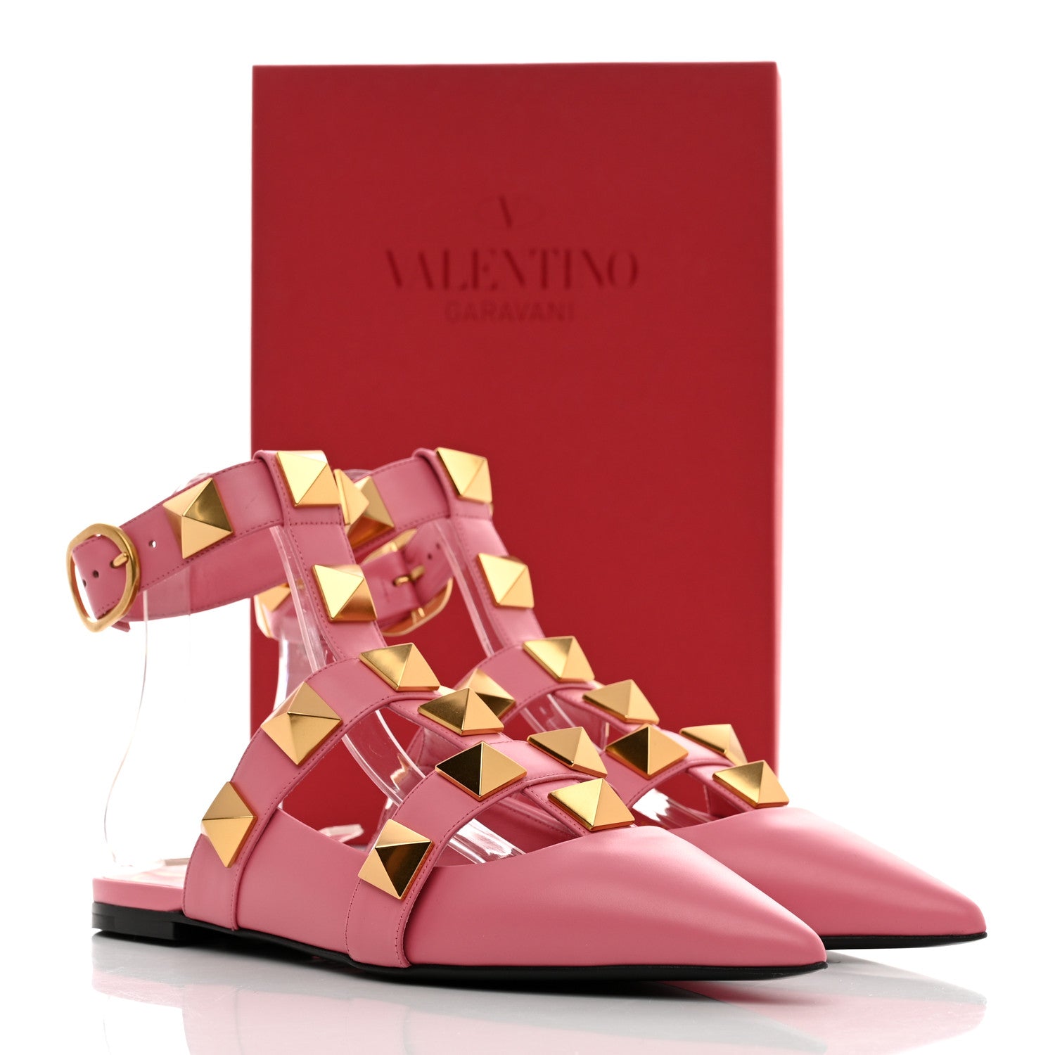 Valentino Garavani Calfskin Roman Stud Ankle Strap Flat Mules 38 Flamingo Pink 9 of 9
