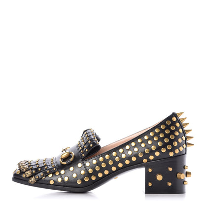 Gucci Malaga Kid Studded Polly Fringe 55mm Loafer Pumps 37.5 Black 1 of 8