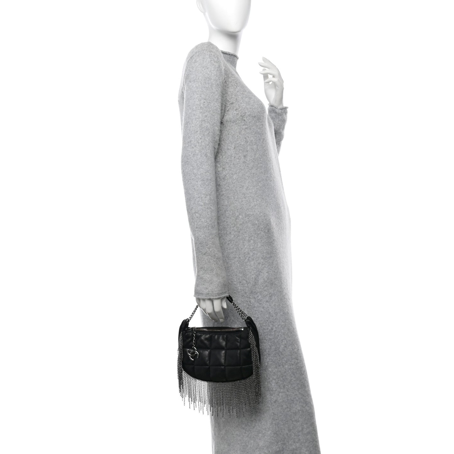 Lambskin Square Quilted Chain Fringe Pochette Black