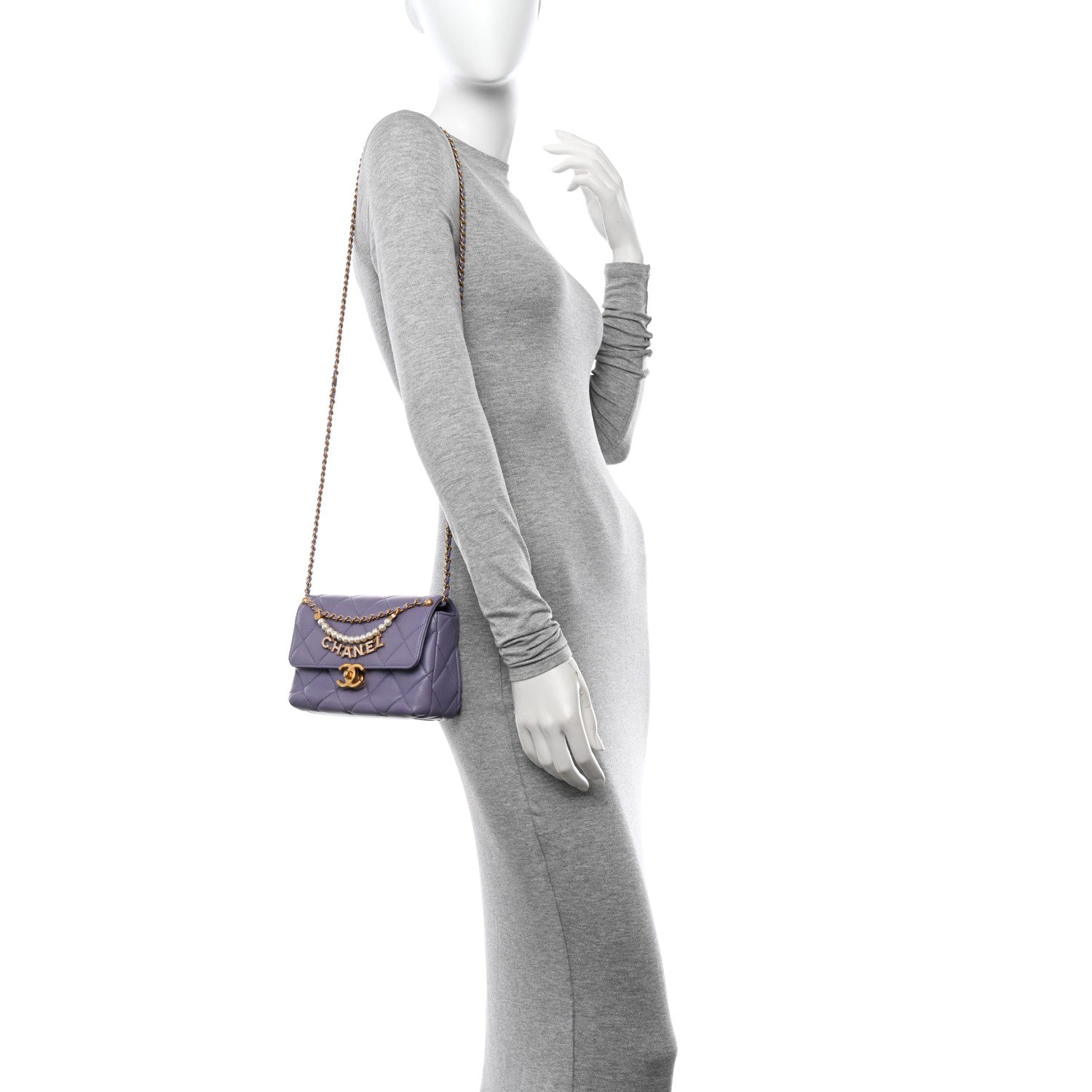 Chanel Shiny Lambskin Quilted Mini Pearl Logo Flap Light Purple 2 of 11