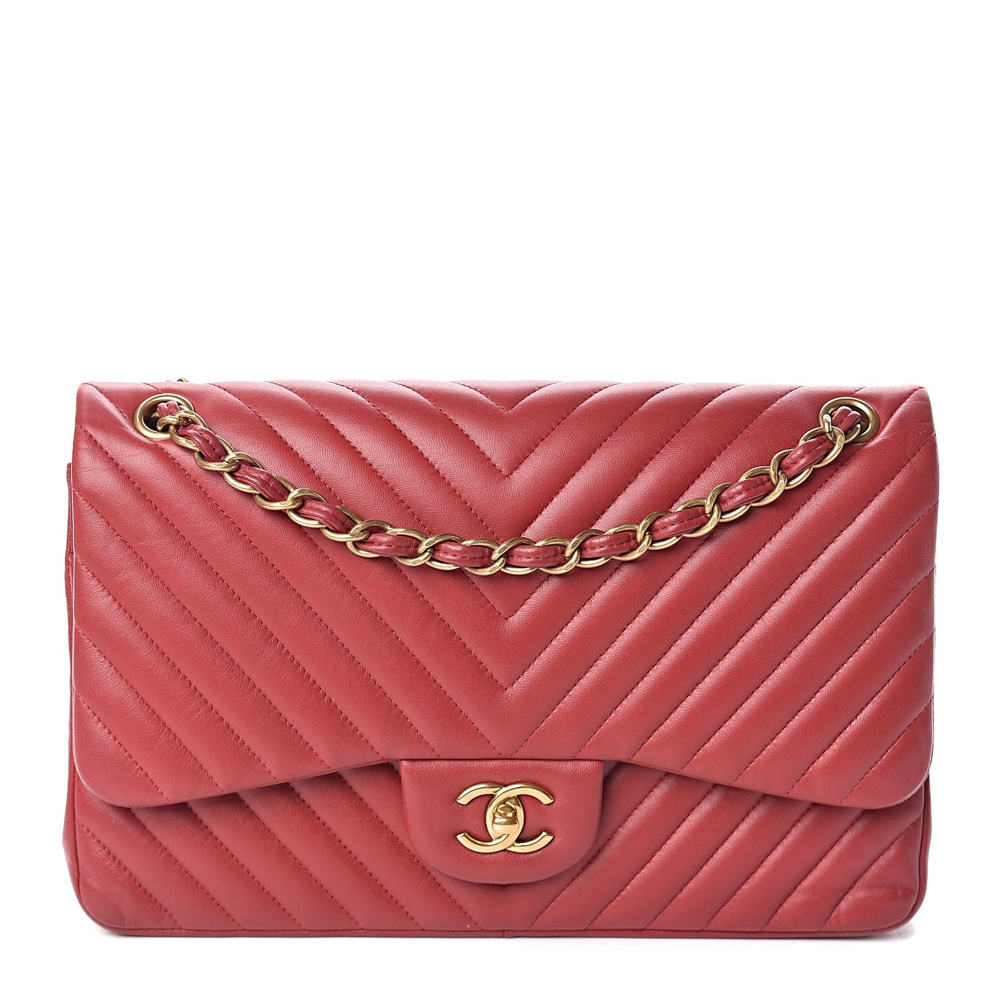 Lambskin Chevron Quilted Jumbo Double Flap Dark Red