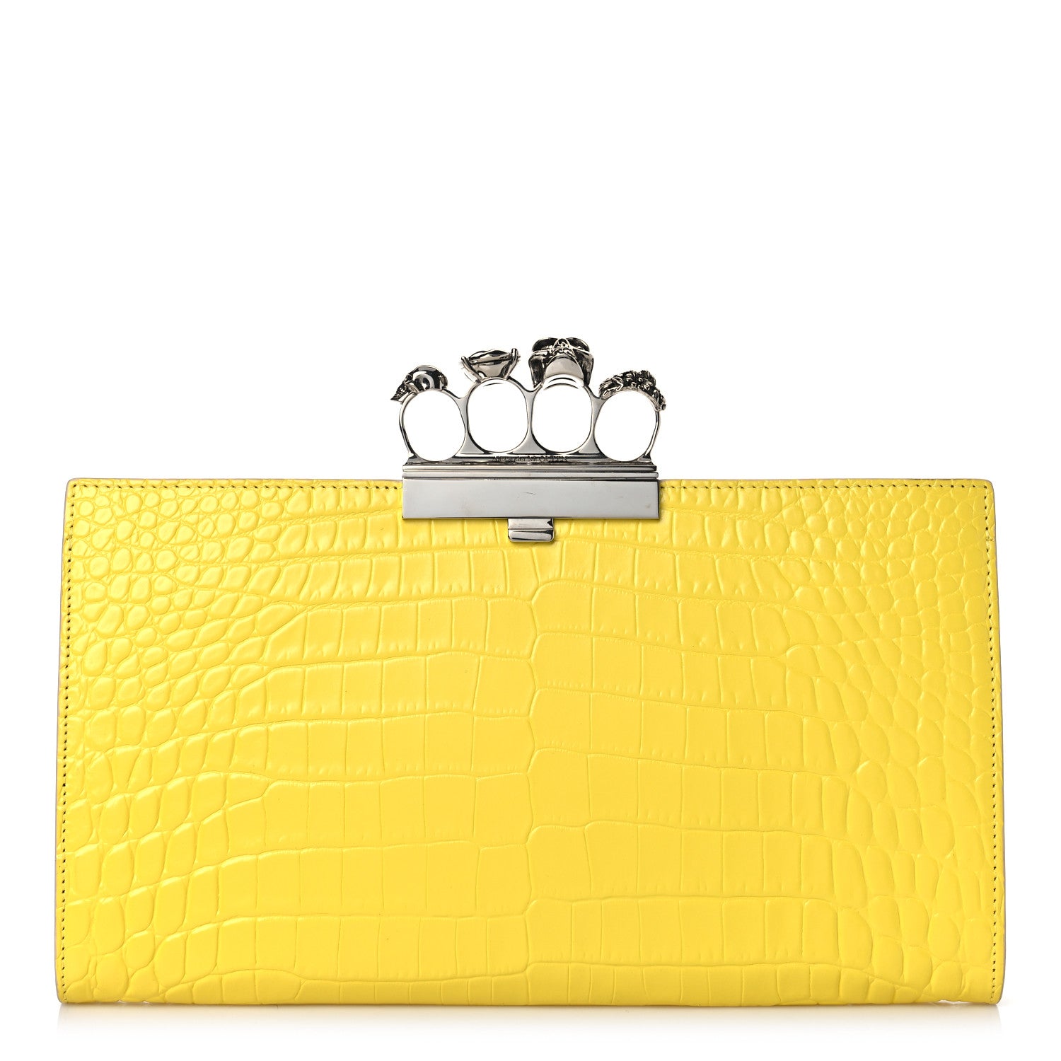 Alexander McQueen Calfskin Crocodile Embossed Knuckle Flat Clutch Yellow 1 of 9