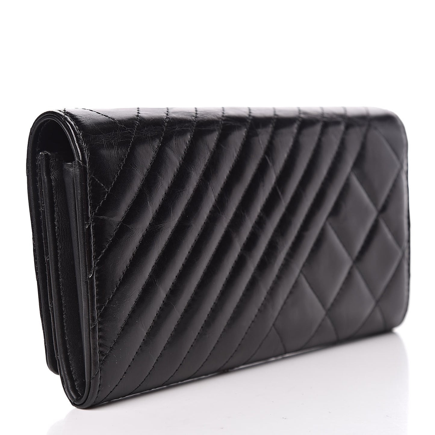 Glazed Calfskin Quilted Coco Boy Large Gusset Flap Wallet Black